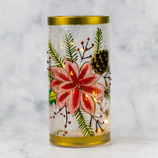 Golden Poinsettia Pillar - Crackle Glass Pillar