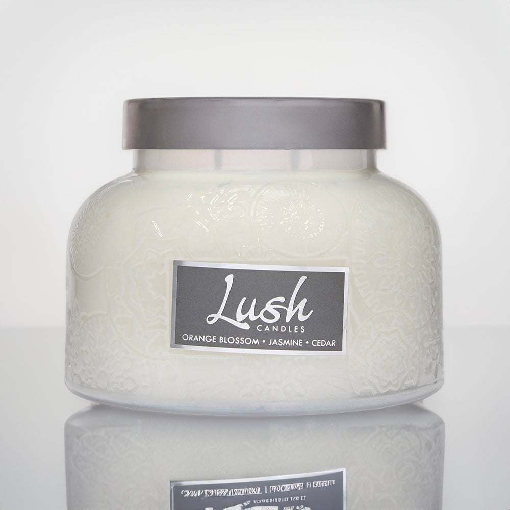 Lush Orange Blossom Jasmine Cedar Scented Candle | A Cheerful Giver