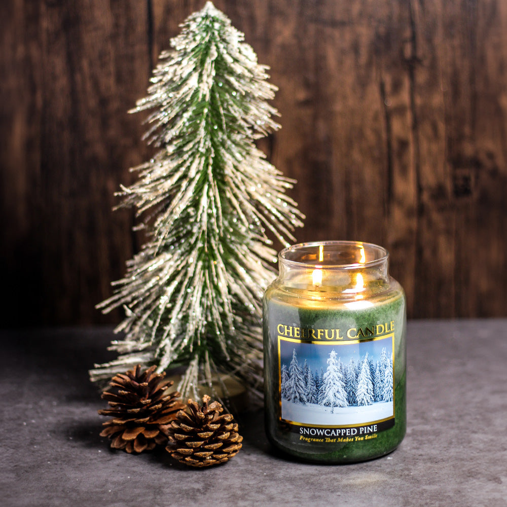 Snowcapped Pine Scented Candle 24 oz Double Wick 135 hour burn time made in the U.S.A. Cheerful Candle A Cheerful Giver
