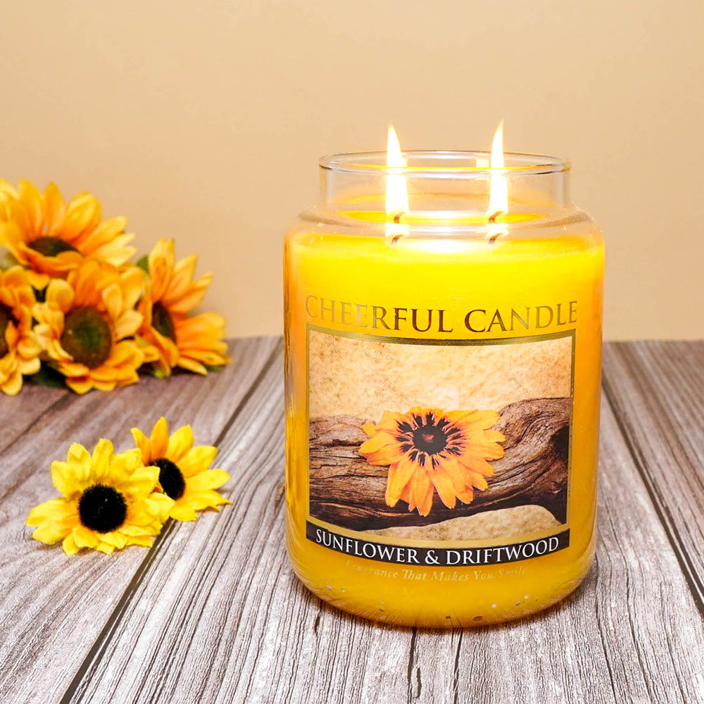 Sunflower & Driftwood Scented Candle -24 oz, Double Wick, Cheerful Candle