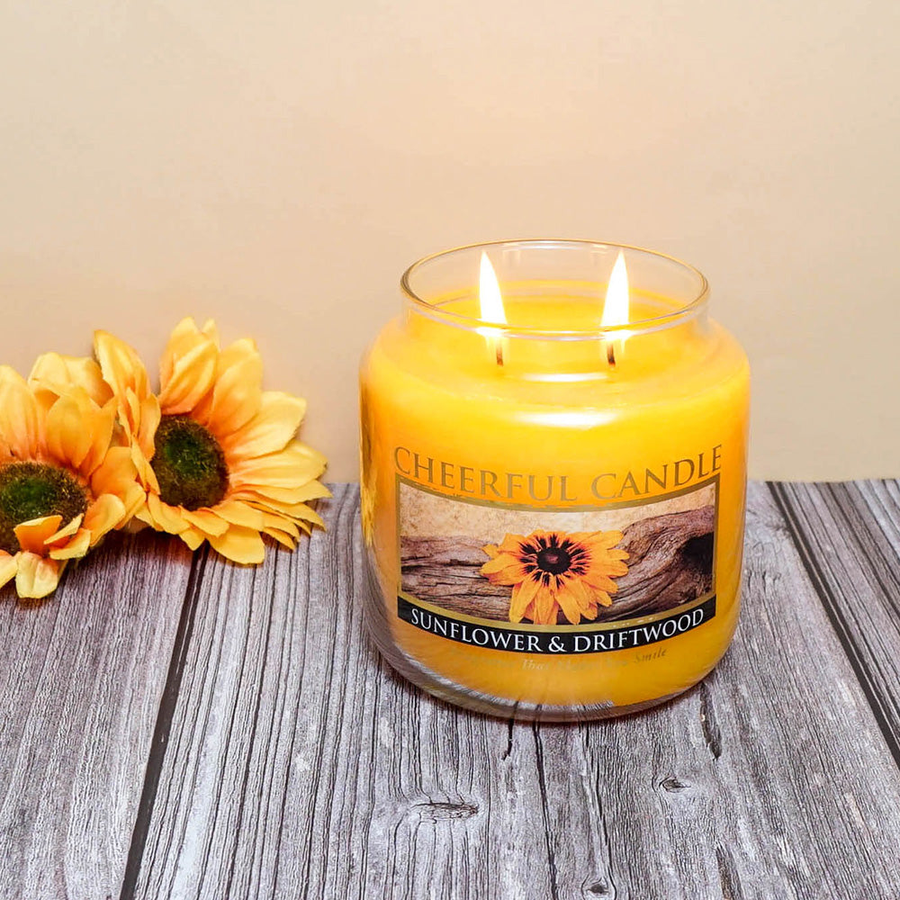 Sunflower & Driftwood Scented Candle -16 oz, Double Wick, Cheerful Candle