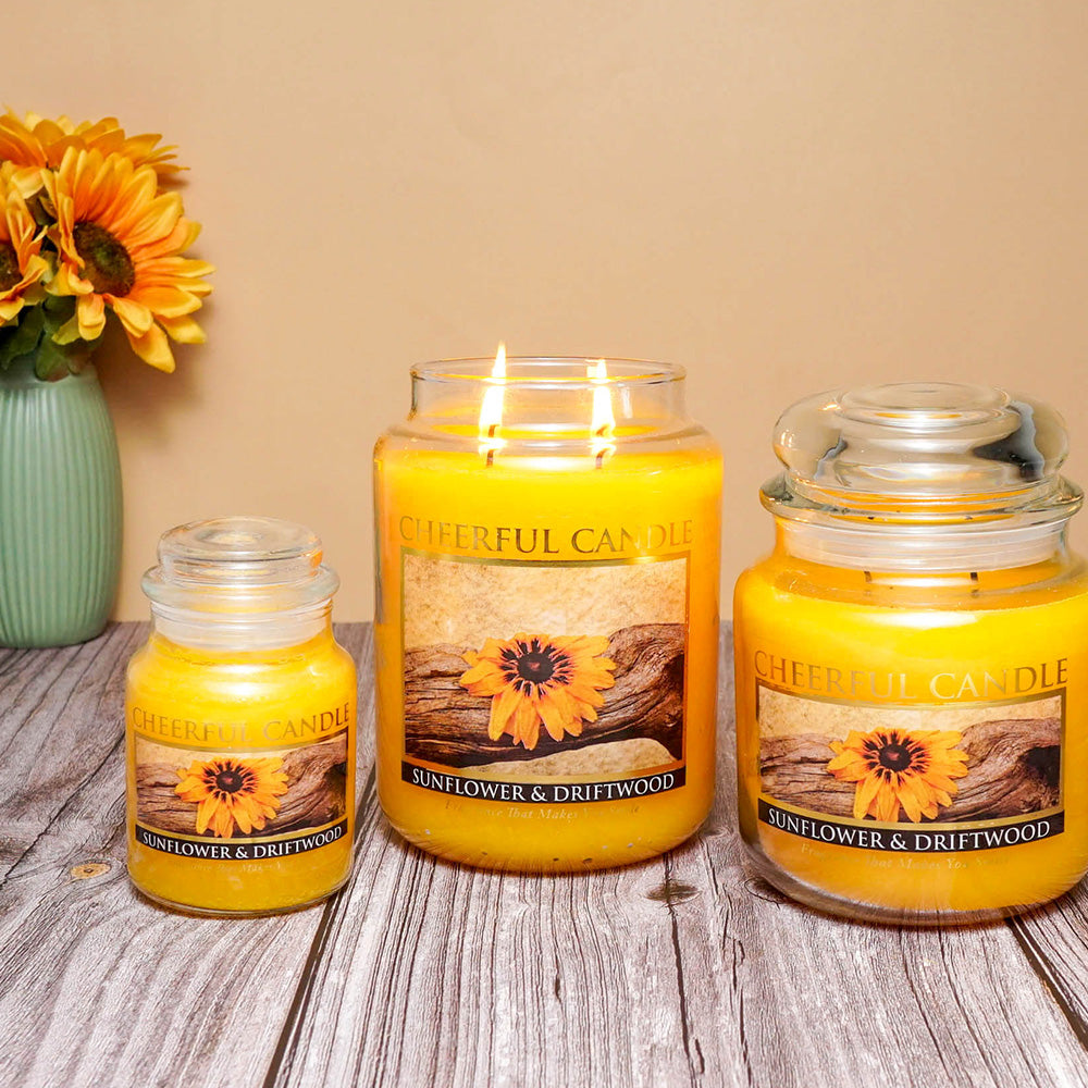 Sunflower & Driftwood Scented Candle -16 oz, Double Wick, Cheerful Candle